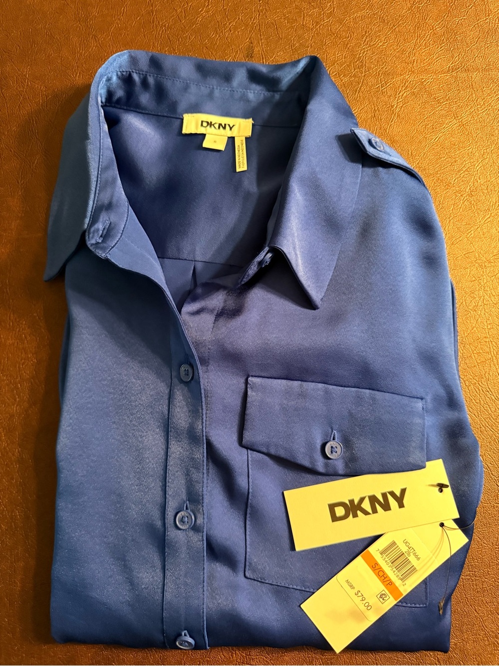 DKNY Women’s Blue Button-Front Satin Dress Shirt NWT!!
